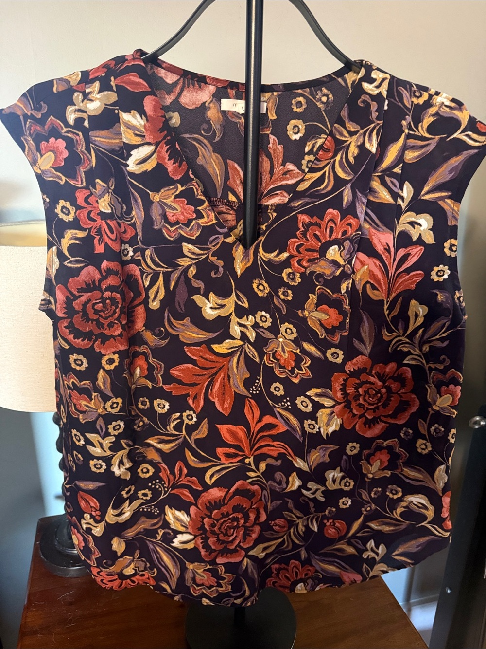 Floral V-Neck Sleeveless Top in purple with Burgundy and Rust